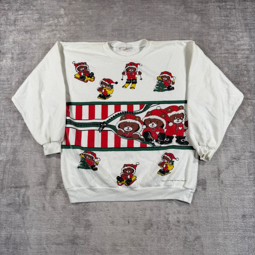 Vintage Mitey Miss Sweatshirt Women Small White 1987 Teddy Bear Christmas Winter